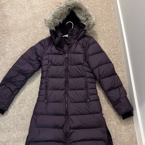 Athleta Dark Purple Puffer Jacket with Faux Fur Hood